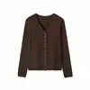 Cárdigan Fino de Punto para Primavera y Otoño para Mujer, Puños de Encaje Hueco, Púrpura Taro, Temperamento Suave, Top de Cuello V de un Solo Botón