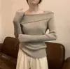 Tejido de hilo de núcleo Diseño consciente top de punto de un hombro para mujer, capa base de primavera y otoño, suéter para llevar debajo, top de nicho