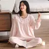 Pijama Feminino 100% Algodão, Novo Estilo Primavera e Outono, Manga Longa e Calça Longa, Gola Boneca, Doce e Fofo, Pode Ser Usado Fora de Casa, Conjunto para Casa