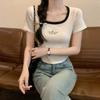 Camiseta de Manga Corta con Hombro Derecho Descubierto para Mujer en Verano Nuevo Estilo Cuello Cuadrado en Contraste Diseño Niche con Aspecto Adelgazante Top Corto con Clavícula Descubierta