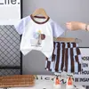 Traje de Verano para Niño Camiseta Fina de Manga Corta con Manga Raglán de Dibujos Animados Pantalones Cortos a Rayas para Bebé Conjunto de Dos Piezas Estilo Coreano