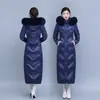 Jaqueta Longa de Penas Espessa Super Longa Slim Fit Emagrecedora Fashionável Tamanho Grande Acima do Joelho com Gola de Pele de Raposa Genuína para Mulheres