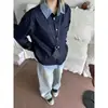 Camisa de Manga Larga con Empalme a Cuadros Azul Marino Falsa de Dos Piezas Estilo Miu Preppy Chaqueta Camisa para Hombre Talla M