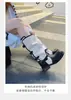 Botas de Couro Macio~ Fivela de Cinto Conversível até o Joelho para Mulheres, Bico Redondo, Salto Grosso, Botas de Cano Alto Biker com Bloqueio de Cor
