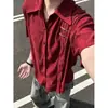 Nova camisa de manga curta estilo chinês cor vinho tinto de seda gelada com toque fresco para homens, verão, tendência nacional, luxo leve, alta qualidade, senso de design, camisa social