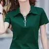 Camiseta Feminina Manga Curta 2025 Nova Zíper Gola Lapela Camiseta Básica Branca Top Estilo Verão Estilo Estrangeiro Camiseta de Alta Qualidade