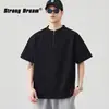 Camiseta Henley Retro Americana Diseño Masculino Sentido de Diseño Deconstrucción Simple Media Cremallera Cuerpo Holgado Camisa Casual Color Sólido Top