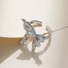 Anillo abierto de plata con textura fresca y moderna europea y americana, mariposa tridimensional líquida incrustada con circonita, anillo ajustable para dedo de dieta