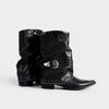 Botas de calça vintage design de chama botas de cavaleiro 2025 bico fino salto grosso botas martin design de corrente de rebite botas de cano alto