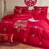 Juego de Cuatro Piezas de Algodón de Fibra Larga de Gama Alta para Boda Juego de Boda Chino Bordado Rojo Ropa de Cama de Boda de Algodón Puro