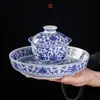 Gaiwan de Estilo Antiguo Azul y Blanco con Patrón de Loto de Cerámica, Base para Tetera, Taza de Maestro, Soporte para Tapa de Taza de Té, Juego de Té de Porcelana Azul y Blanco de Jingdezhen