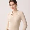 Outono Inverno Novo 100% Caxemira Pura Camisa Polo Feminina Simples para o Dia a Dia Manga Longa Suéter de Tricô Slim Fit Camada Base