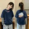 Camiseta de Manga Longa para Meninas, Novo Estilo Outono 2026, Camiseta Básica Casual Duas em Uma Infantil, Top 100% Algodão para Bebês Meninas