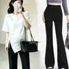 Nueva ropa de maternidad de verano: Conjunto de camiseta de color liso irregular con cordón y pantalones acampanados de cintura alta adelgazantes para futuras madres
