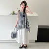 Conjunto de Duas Peças Feminino Verão 2026 Novo Estilo Moda Coreana: Colete Xadrez Sem Mangas e Calça de Pernas Largas Conjunto Tendência