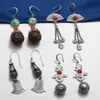Aretes de Plata de Ley con Ónice Rojo del Sur, Jaspe, Jade, Abanico, Carácter Feliz, Cuentas de Madera, Estilo Étnico Antiguo Retro