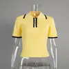 Camiseta de punto con cuello polo y bloques de color transfronterizos, estilo europeo y americano, nueva crop top de manga corta acanalada slim-fit para primavera/verano 2026