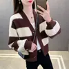 Cárdigan de Punto Rayado con Bloques de Color Retro Nuevo 2026 para Mujer, Estilo Clásico de Moda, Suéter Casual de Corte Ajustado para Mujer