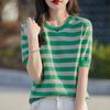 Verano Nueva Lana Elegante Moda Camiseta de Manga Corta con Cuello Redondo Suéter de Punto Holgado de Rayas Anchas con Media Manga para Mujer