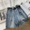 Shorts de Mezclilla Rasgados con Forma de Pera para Mujer, Verano Delgados Tallas Grandes Cintura Alta Cubre Cadera Línea A Pierna Ancha Largo hasta la Rodilla