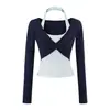 Camiseta de Manga Larga con Cuello Halter Falso de Dos Piezas Estilo Dulce para Niña Otoño Nuevo Ajustada Corta Sexy Camiseta Interior
