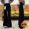 Jeans Flare Linha A Preto Feminino com Forro de Lã Tamanho Pequeno Plus Size Menina Cheinha Calça Reta de Perna Larga Solta Inverno