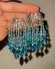 Pendientes Largos de Borla con Cascada de Fuegos Artificiales Azules Retro para Mujer, Diseño Fresco y Único, Exquisitos y de Alto Valor