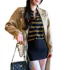 Cárdigan de Punto con Cuello Polo a Rayas Estilo Preppy Coreano para Mujer Otoño e Invierno 2025 Nuevo Estilo con Tops de Gama Alta