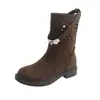 Versión en stock~Botas Vaqueras Western Vintage, Punta Redonda Única, Gamuza Desgastada, Hebilla Metálica Calada, Tacón Grueso, Botas Largas para Mujer