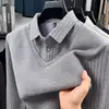 Suéter Falso de Duas Peças do Papai Camisa Base Quente Pulôver de Inverno Lã Grossa Top Polo Masculino para Meia-Idade e Idosos