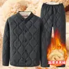 Conjunto de jaqueta acolchoada de algodão espesso com forro de fleece e calça de inverno para pais de meia-idade e idosos, roupas quentes de algodão