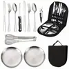 Juego de Vajilla de Acero Inoxidable Transfronterizo Plato para Barbacoa al Aire Libre Pinza para Alimentos Cuchillo Tenedor Cuchara de Camping Bolsa de Almacenamiento Portátil Amazon