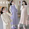 Vestido chaleco de otoño estilo coreano, suave para maternidad, sin mangas con encaje calado, ajuste ceñido elástico con capa interior de manga larga