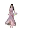 Vestido Floral Dust Deng Deng com Gola Halter para Mulheres, Novo Estilo Francês Sem Alças Longo com Ajuste na Cintura para Primavera