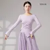 Figurino de dança clássica, camiseta feminina de manga longa slim fit com gola redonda e acabamento franzido, com fenda, adequada para dança moderna