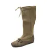 Botas de montar para mujer de piel de vaca de capa superior + ante de vaca, botas altas de cuero genuino con punta redonda y lazo para mujer