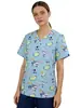Blusa de Uniforme Estampada con Cuello en V para Mujer, Elástica de Secado Rápido, Uniforme para Salón de Peluquería de Mascotas, Doctor, Enfermera, Manga Corta
