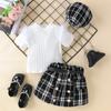 Traje de verano transfronterizo europeo y americano para niñas, tallas pequeñas y medianas, estilo Mao Mao, con manga corta, falda a cuadros, sombrero y cinturón.