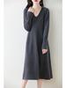 Otoño e Invierno Nuevo Cuello en V 100 Lana Pura Elegante Todo Combina Vestido Casual Cuello Muñeca Tejido Base Vestido Suéter para Mujer