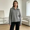 Suéter Corto de Cuello Solapa con Media Cremallera para Mujer Otoño e Invierno Nuevo Grueso Raglán Manga Larga Color Puro Casual Tejido Top