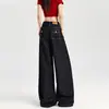 Jeans de pierna ancha azul oscuro para mujer, nuevo estilo primavera/otoño 2026, de cintura alta, holgados, adelgazantes, de mezclilla fluida, pierna recta, hasta el suelo