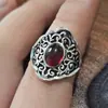 Anillo vintage de plata tailandesa abierto para mujer, con diseño de flor de rosa y corazón, incrustaciones de ágata roja y artesanía de montaje alto