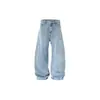 Pantalones de Mezclilla con Dobladillo Curvo Jiezhan para Hombre 26 Otoño Nuevo Retro Americano Lavado Desgastado Ojo de Gato Casual para Hombre y Mujer