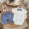 Conjunto de Macacão para Bebê, Macacão Duas Peças de Verão para Meninos e Meninas, Traje Estilo Cavalheiro Britânico para Bebê