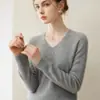 Suéter simples de gola V 100% cashmere puro para mulheres, outono e inverno, manga longa, versátil, tricô, camada base, pulôver