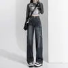 Jeans retrô cinza azul feminino primavera e outono 2024 novo reto cintura alta emagrecimento americano calças largas