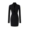 Vestido Bodycon de Manga Longa Torcido com Decote em V Estilo Desejo Puro, Vestido Curto Color Sólida Moderno e Versátil Slim-Fit, Hot Girl