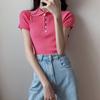 Top Gris con Cuello Solapa Corto de Cintura Alta para Mujer, Elegante Verano Nuevo Diseño 2026, Camiseta Rayada de Manga Corta de Moda, Ins Fashion