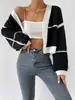 Top Curto Listrado Europeu e Americano da Amazon para Mulheres Outono e Inverno Bloco de Cores Novo Estilo Estilo Preguiçoso Suéter de Tricô Cardigan Feminino
