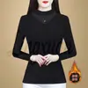 Camiseta de Malla Negra Sencilla y Elegante de Cuello Medio Alto para Mujer, Top de Manga Larga Forrado de Polar para Otoño e Invierno con un Toque de Alta Gama